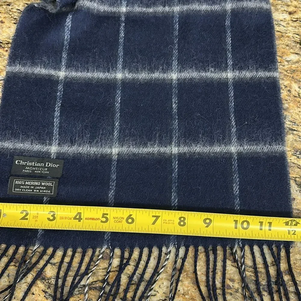 Christian Dior Monsieur Merino Wool Windowpane Fringe Trim Scarf
